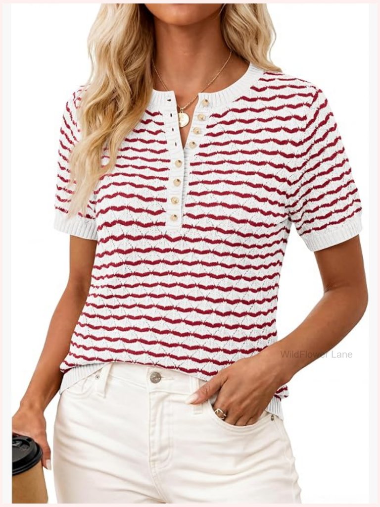 Lightweight Knit Short Sleeve Henley Top Button Down Sweater Blouse